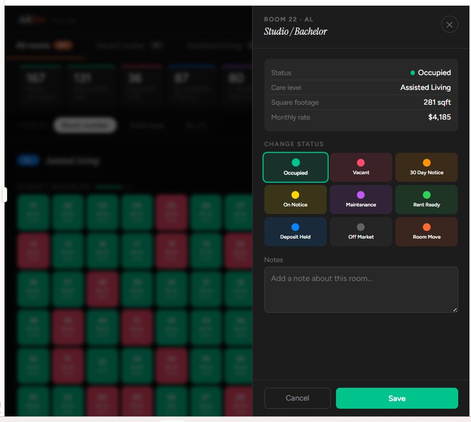 AskJim room map: click any suite to update its status, log a notice, or confirm a move-in